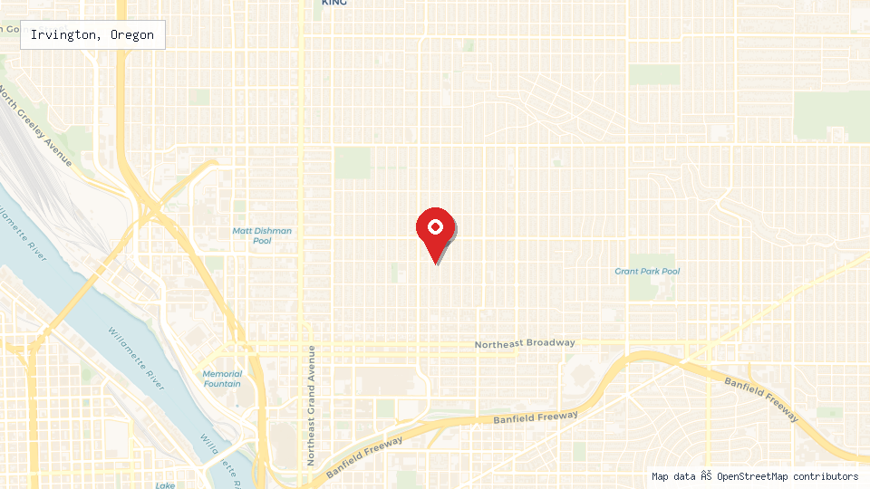 Street map of Irvington, Oregon with location pin