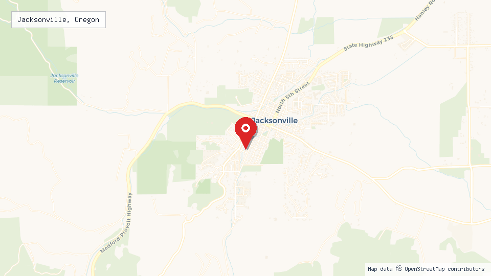 Street map of Jacksonville, Oregon with location pin