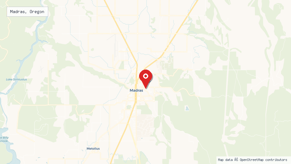 Street map of Madras, Oregon with location pin