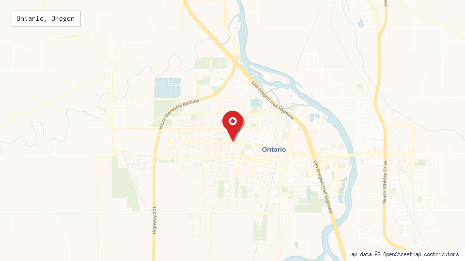 Street map of Ontario, Oregon with location pin
