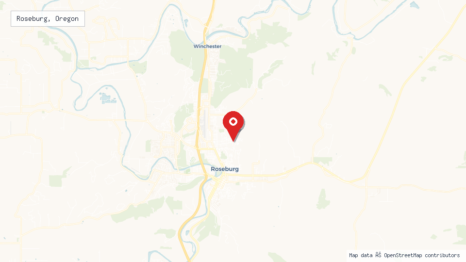 Street map of Roseburg, Oregon with location pin