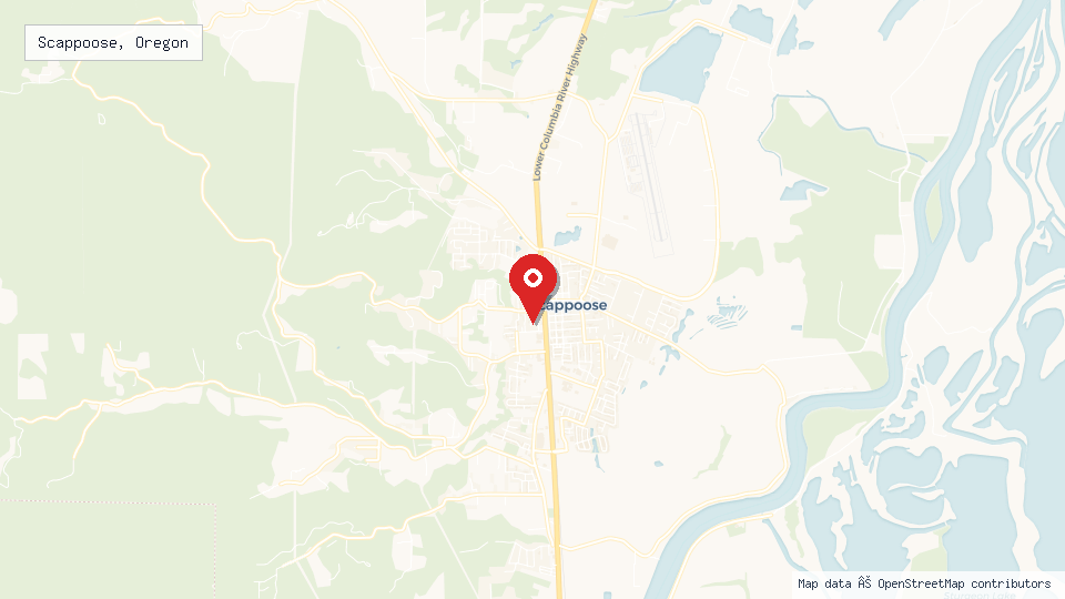 Street map of Scappoose, Oregon with location pin
