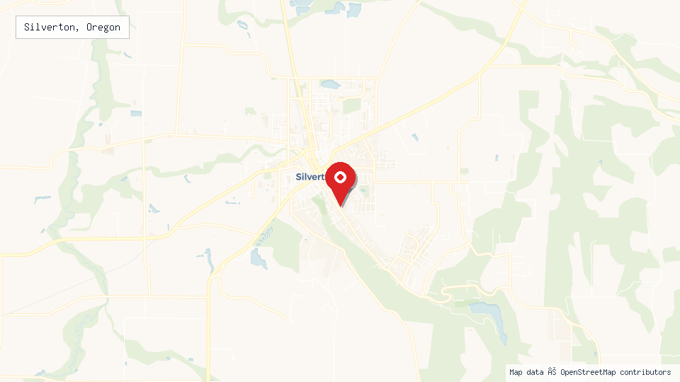 Street map of Silverton, Oregon with location pin