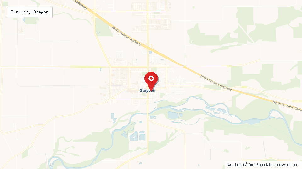 Street map of Stayton, Oregon with location pin