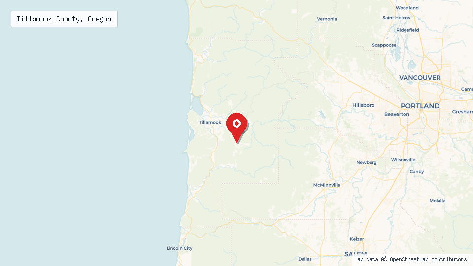Street map of Tillamook County, Oregon with location pin