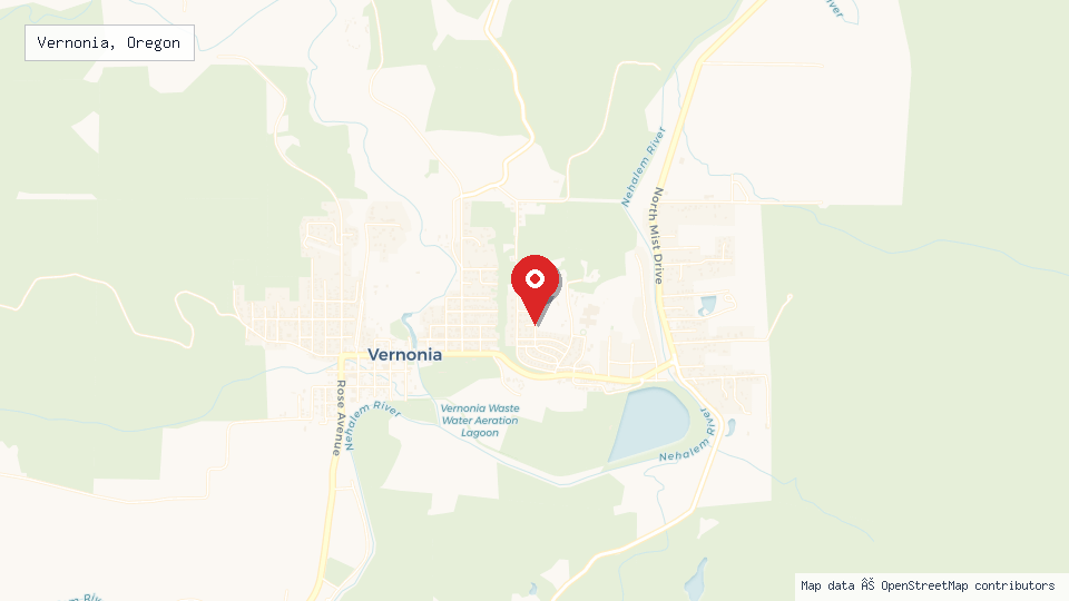 Street map of Vernonia, Oregon with location pin