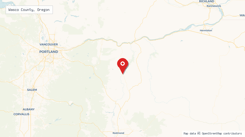Street map of Wasco County, Oregon with location pin