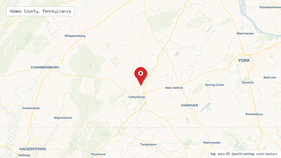 Street map of Adams County, Pennsylvania with location pin