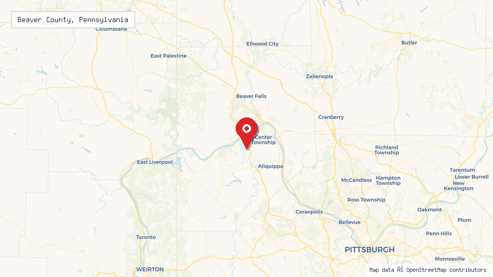 Street map of Beaver County, Pennsylvania with location pin
