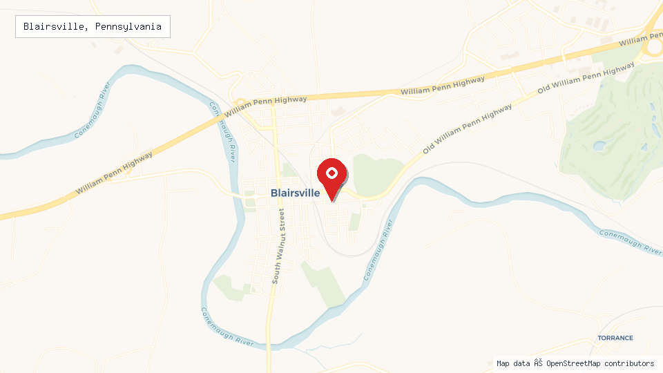 Street map of Blairsville, Pennsylvania with location pin
