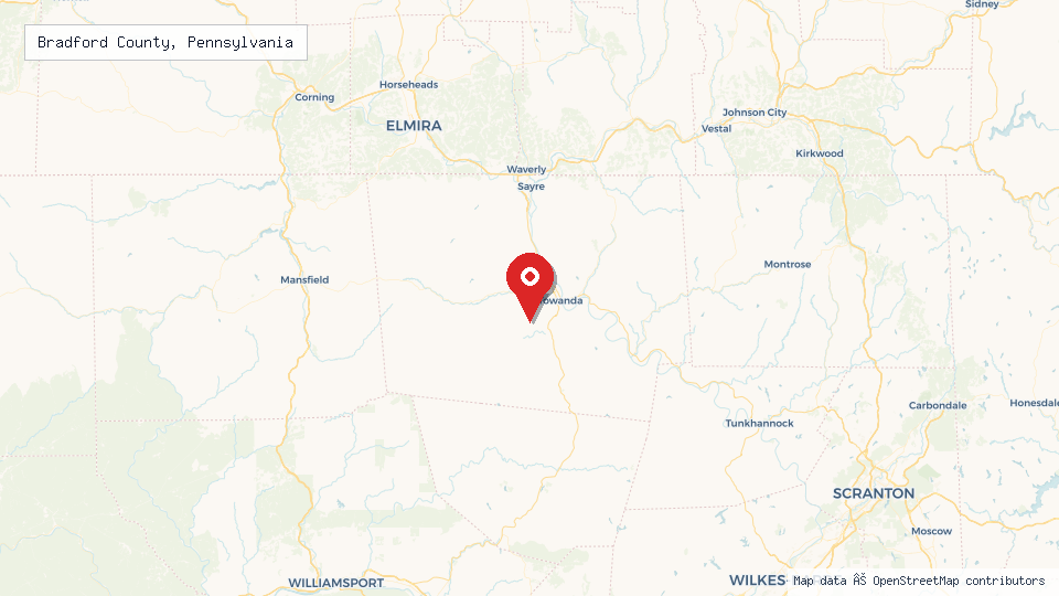 Street map of Bradford County, Pennsylvania with location pin