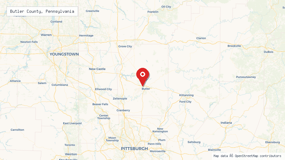 Street map of Butler County, Pennsylvania with location pin