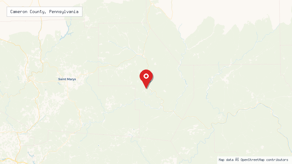 Street map of Cameron County, Pennsylvania with location pin