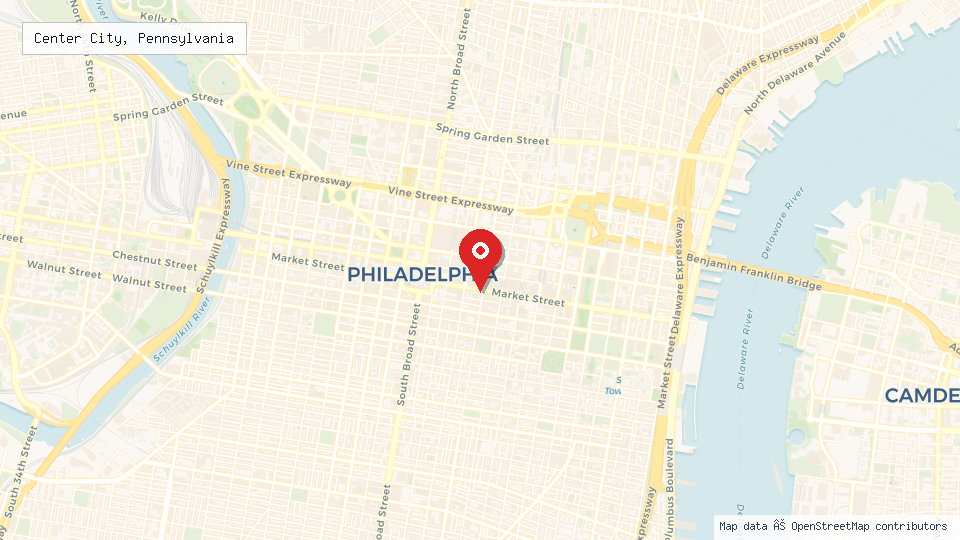 Street map of Center City, Pennsylvania with location pin