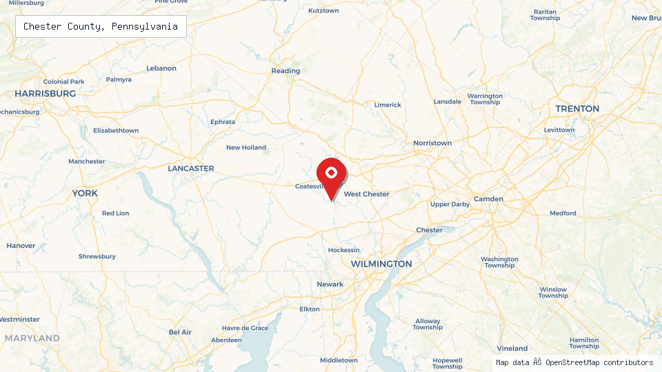 Street map of Chester County, Pennsylvania with location pin