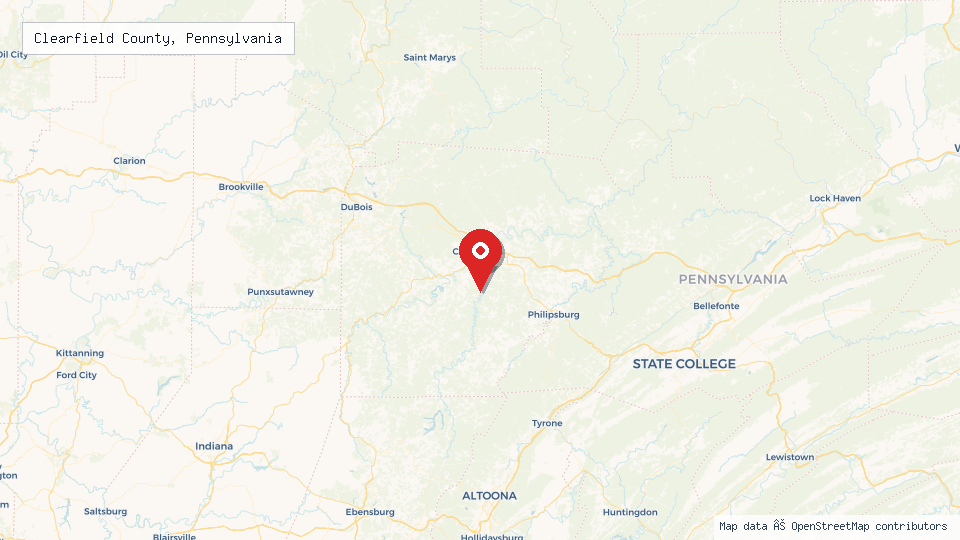Street map of Clearfield County, Pennsylvania with location pin