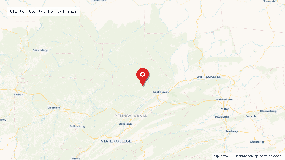 Street map of Clinton County, Pennsylvania with location pin