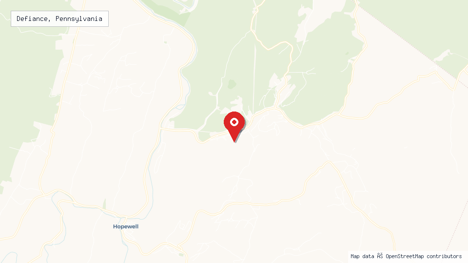 Street map of Defiance, Pennsylvania with location pin