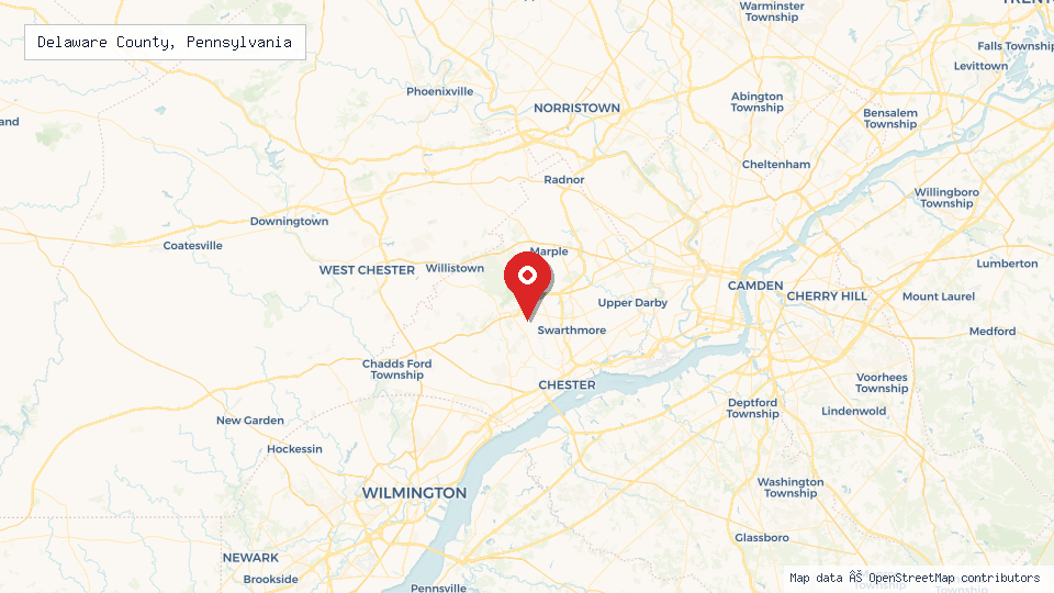 Street map of Delaware County, Pennsylvania with location pin