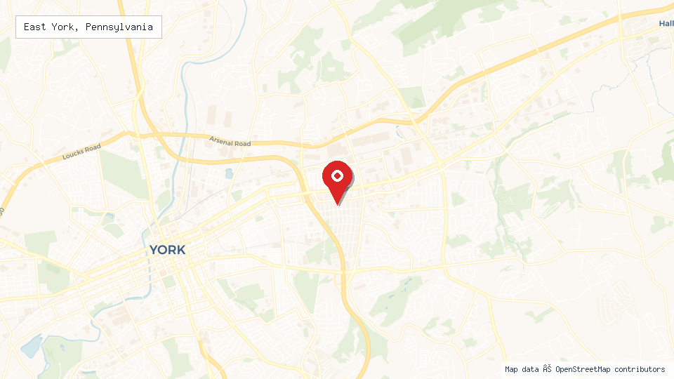 Street map of East York, Pennsylvania with location pin