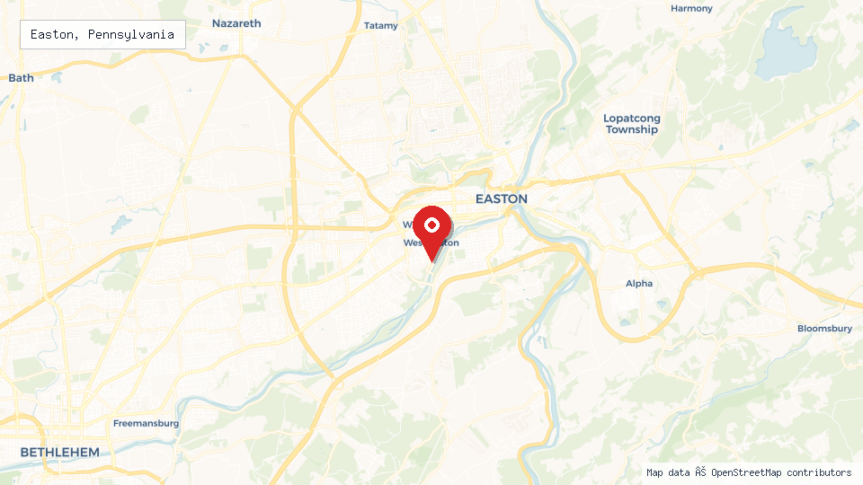 Street map of Easton, Pennsylvania with location pin