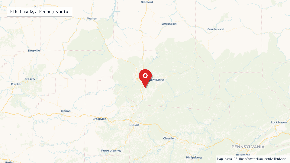 Street map of Elk County, Pennsylvania with location pin