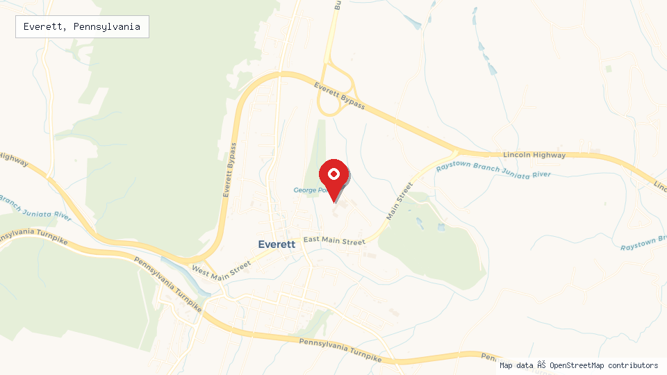 Street map of Everett, Pennsylvania with location pin