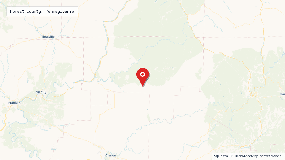 Street map of Forest County, Pennsylvania with location pin