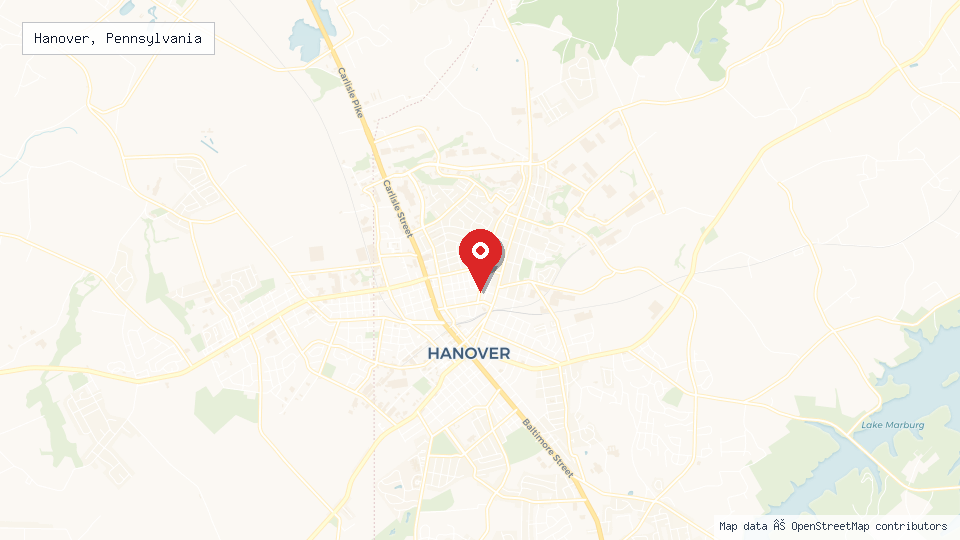 Street map of Hanover, Pennsylvania with location pin