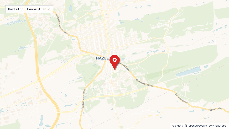 Street map of Hazleton, Pennsylvania with location pin