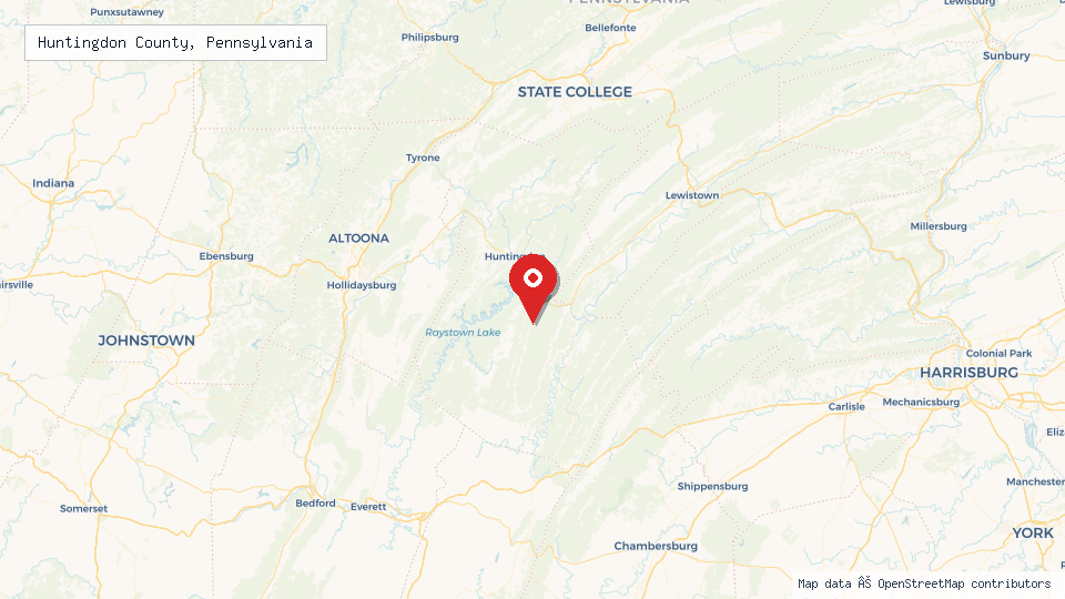 Street map of Huntingdon County, Pennsylvania with location pin