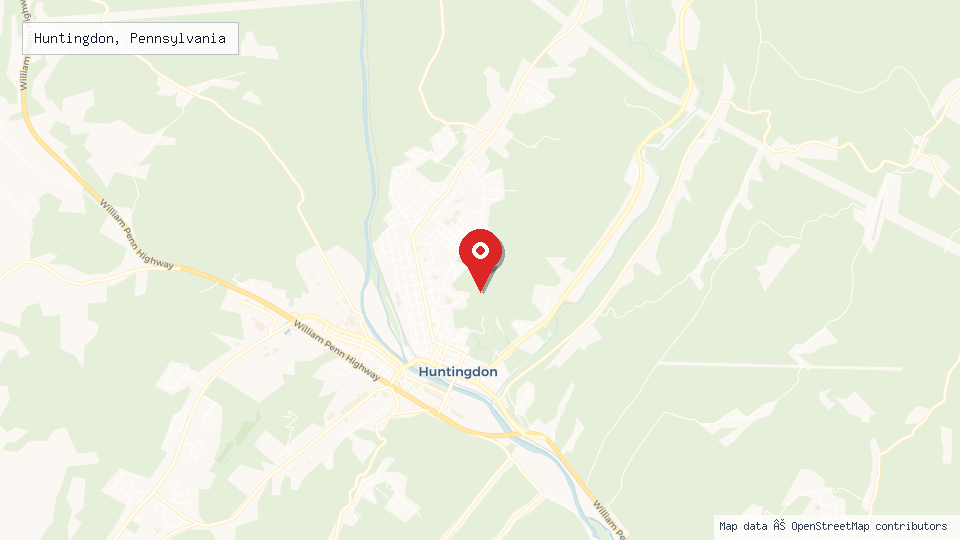 Street map of Huntingdon, Pennsylvania with location pin