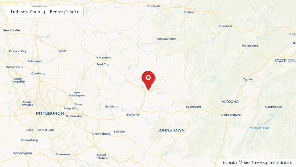 Street map of Indiana County, Pennsylvania with location pin