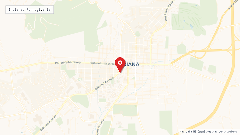 Street map of Indiana, Pennsylvania with location pin