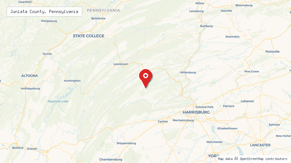 Street map of Juniata County, Pennsylvania with location pin