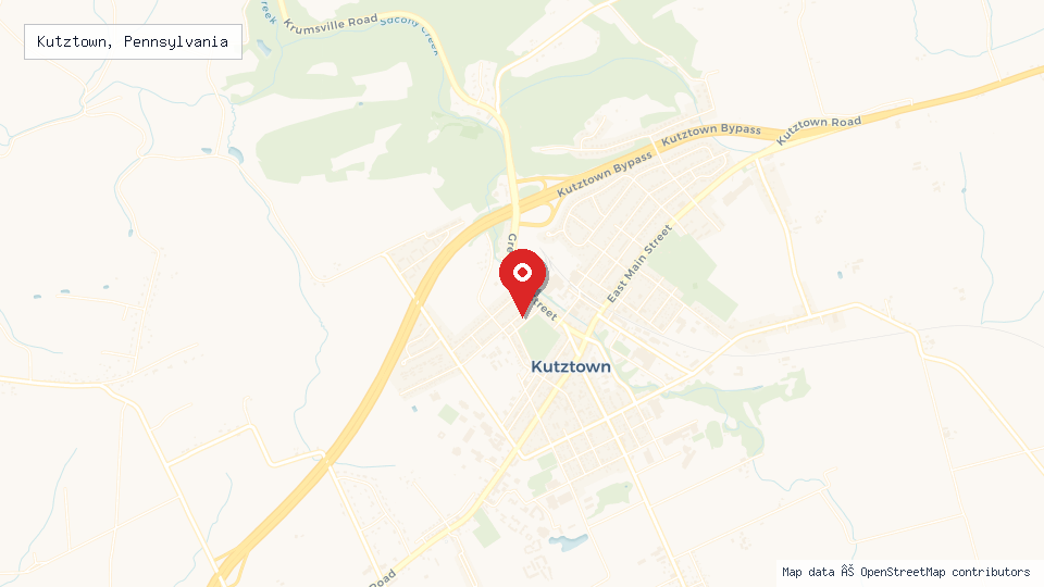 Street map of Kutztown, Pennsylvania with location pin