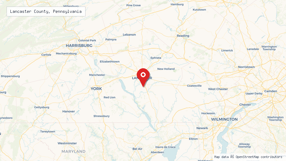 Street map of Lancaster County, Pennsylvania with location pin