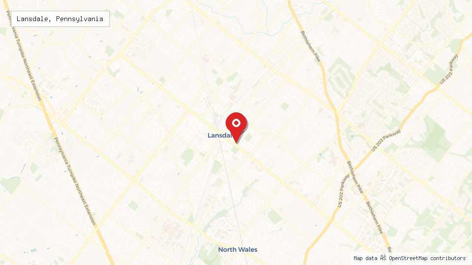 Street map of Lansdale, Pennsylvania with location pin