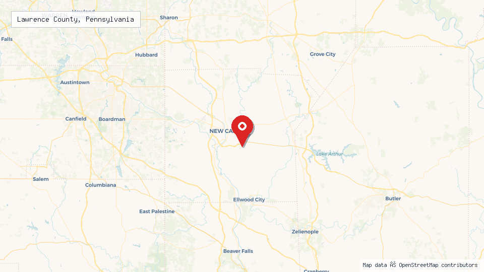 Street map of Lawrence County, Pennsylvania with location pin