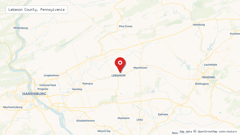 Street map of Lebanon County, Pennsylvania with location pin