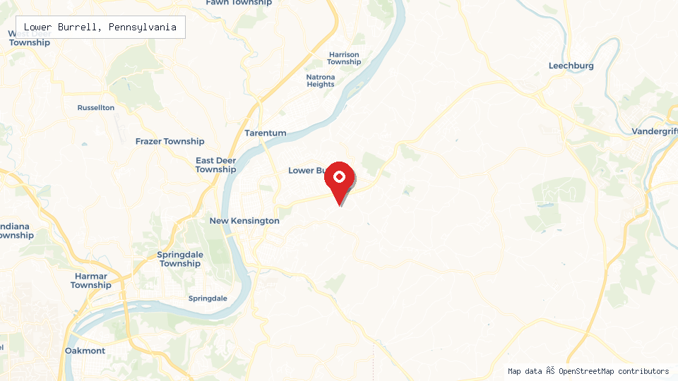 Street map of Lower Burrell, Pennsylvania with location pin