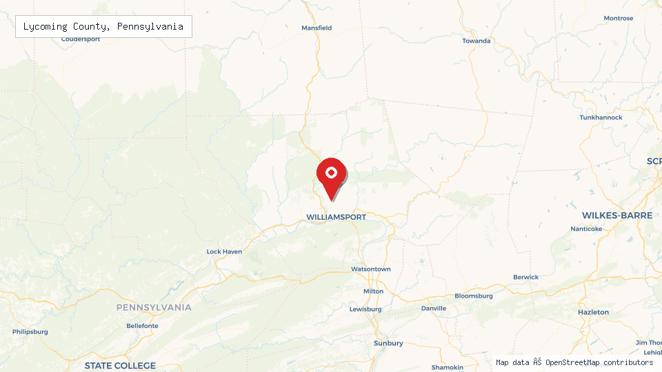 Street map of Lycoming County, Pennsylvania with location pin
