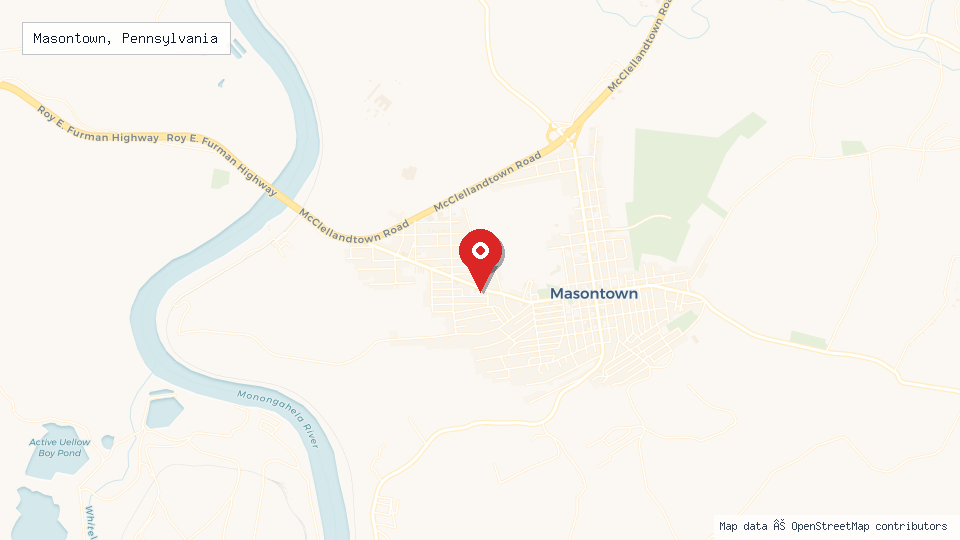 Street map of Masontown, Pennsylvania with location pin