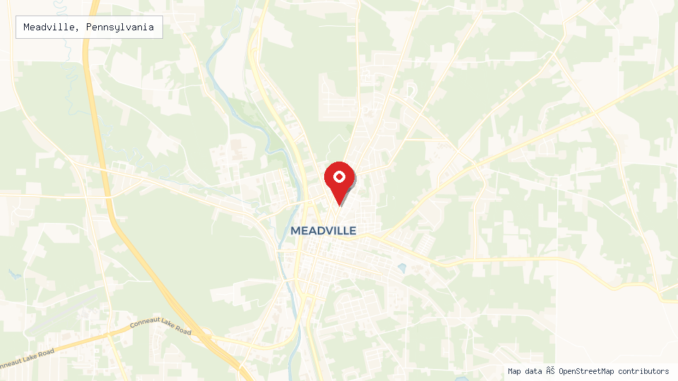 Street map of Meadville, Pennsylvania with location pin