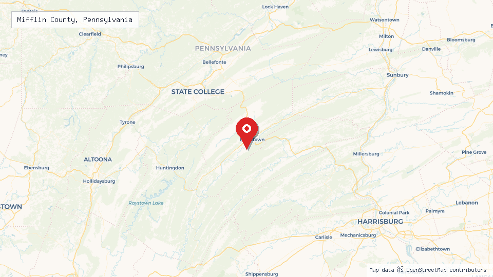Street map of Mifflin County, Pennsylvania with location pin