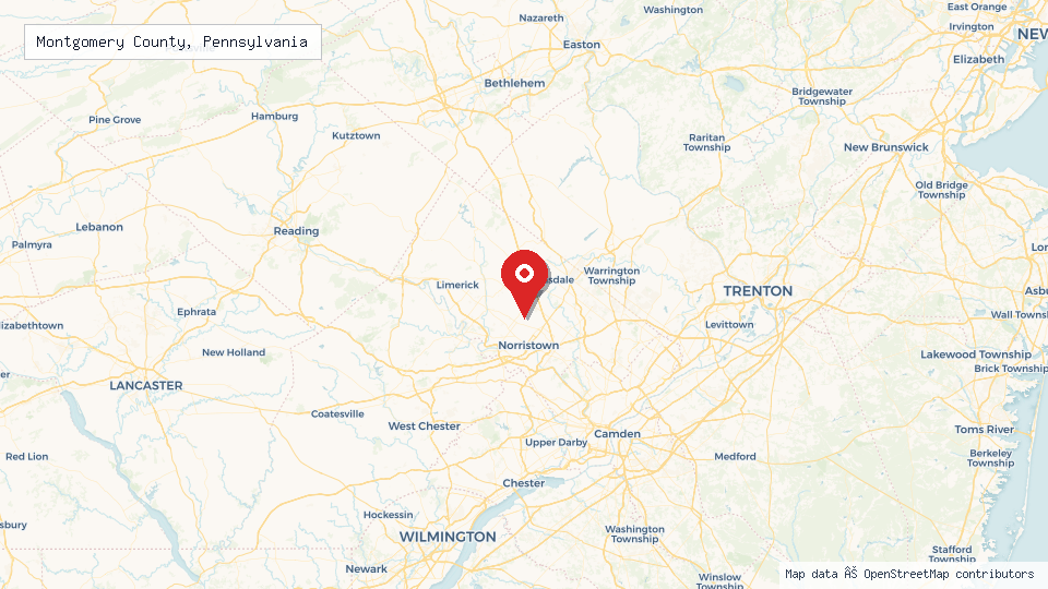 Street map of Montgomery County, Pennsylvania with location pin