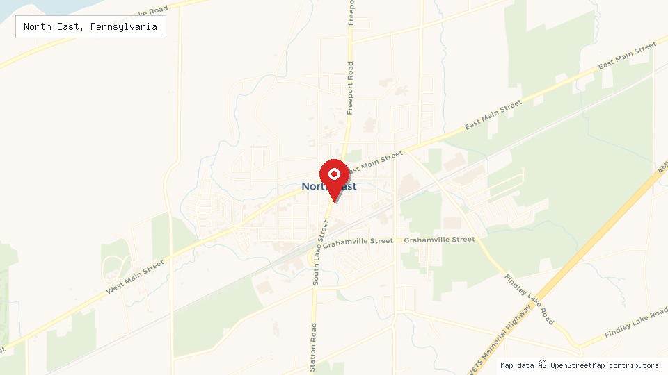 Street map of North East, Pennsylvania with location pin