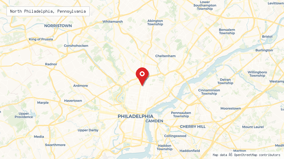 Street map of North Philadelphia, Pennsylvania with location pin