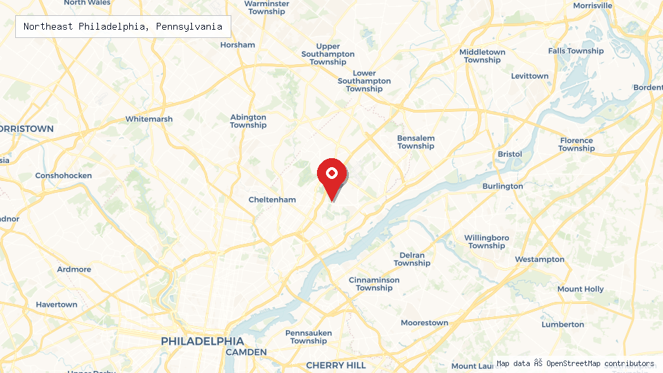 Street map of Northeast Philadelphia, Pennsylvania with location pin