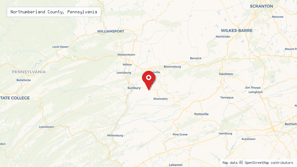 Street map of Northumberland County, Pennsylvania with location pin